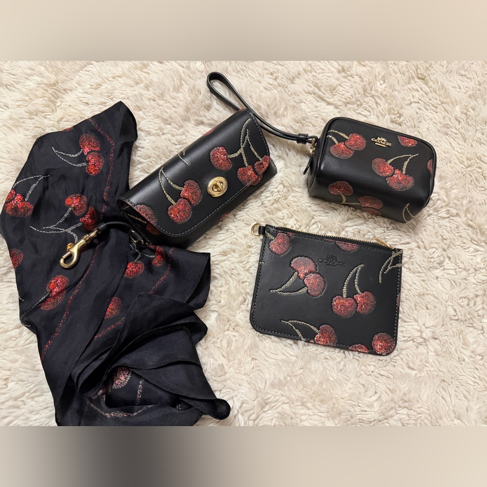 Coach cherry bundle ( turn lock sunglass case, pouches, silk scarf) Price firm.